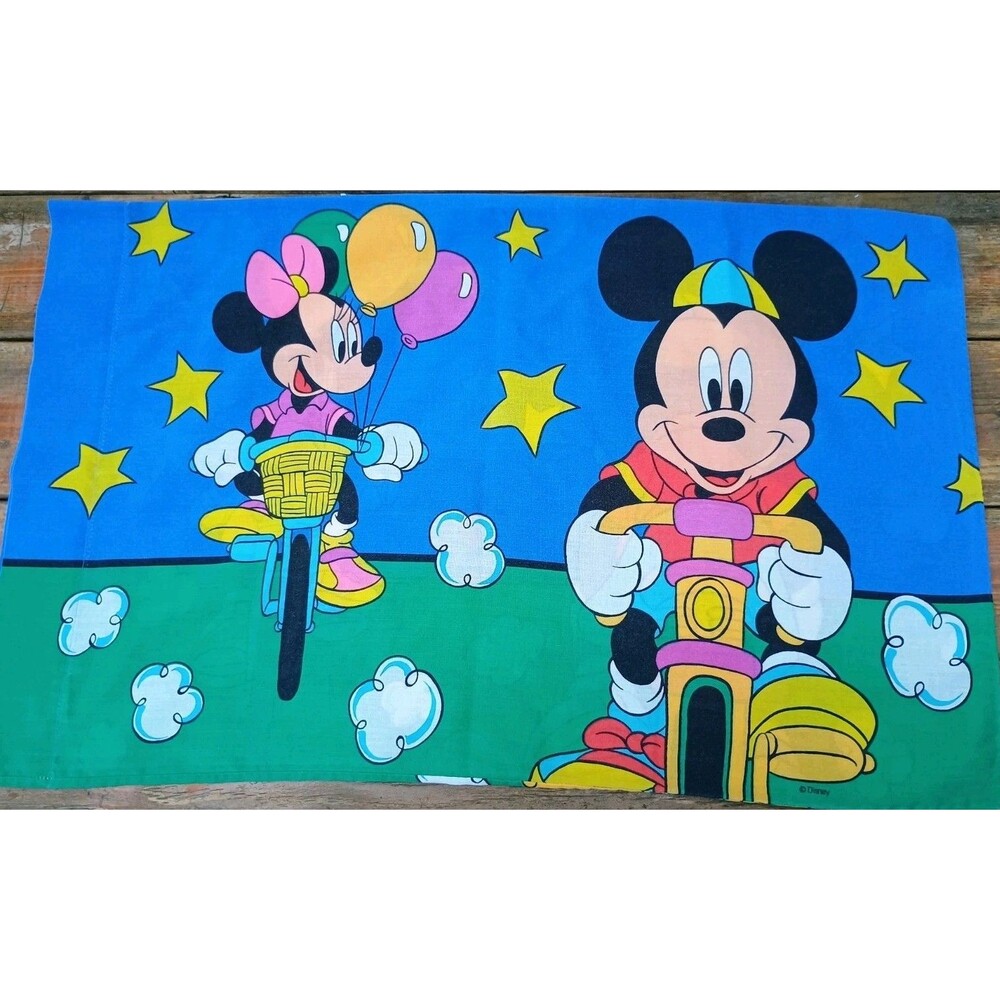 Vintage Disney Pillowcase Mickey Minnie Mouse on Bikes